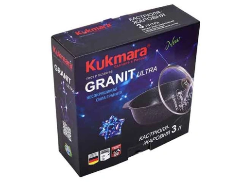 Кастрюля-жаровня 3 л с антипригарным покрытием со стеклянной крышкой, Kukmara (Granit Ultra Original), жго31а