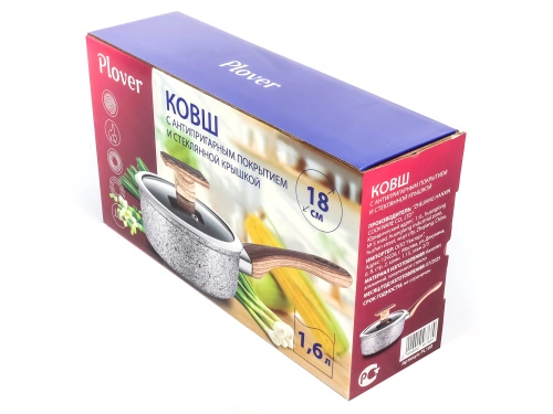 Ковш 1.6 л с антипригарным покрытием со стеклянной крышкой, 18 см, Granit, PLOVER