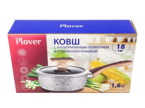 Ковш 1.6 л с антипригарным покрытием со стеклянной крышкой, 18 см, Granit, PLOVER