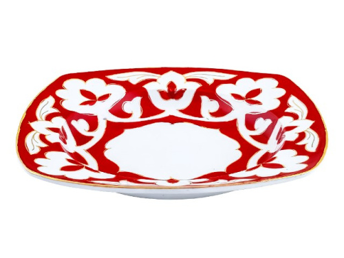 Тарелка квадратная Красная Пахта, Turon Porcelain, с золотом, Ø 21.5 см