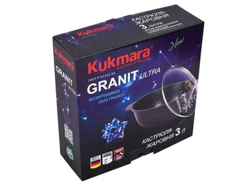 Кастрюля-жаровня 4 л с антипригарным покрытием со стеклянной крышкой, Kukmara (Granit Ultra Original), жго41а