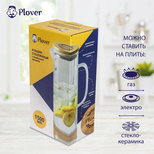 Кувшин стеклянный с бамбуковой крышкой, 1.5 л