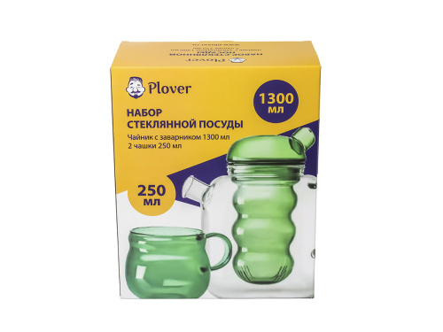 Набор PLOVER стеклянный: заварочный чайник 1.3 л  с фильтром, 2 чашки 0.25 л
