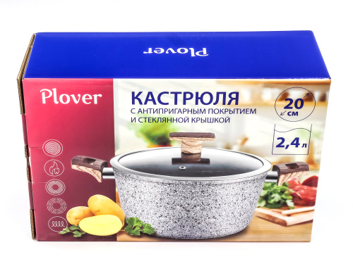Кастрюля 2.4 л с антипригарным покрытием со стеклянной крышкой 20 см, Granit, PLOVER