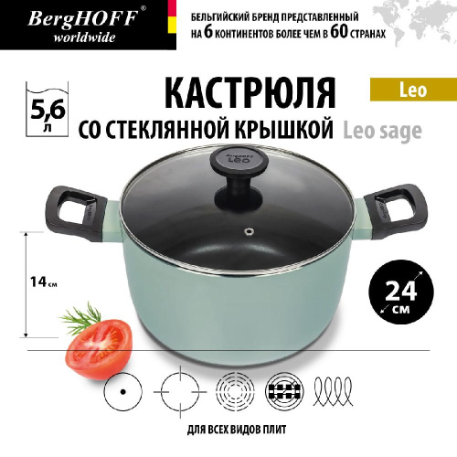 Кастрюля со стеклянной крышкой BergHOFF Leo Sage, 5.6 л Кастрюля со стеклянной крышкой BergHOFF Leo Sage, 5.6 л