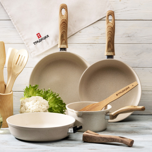 Сковорода с антипригарным покрытием со съемной ручкой, ТМ Традиция (Ваниль), 22 см