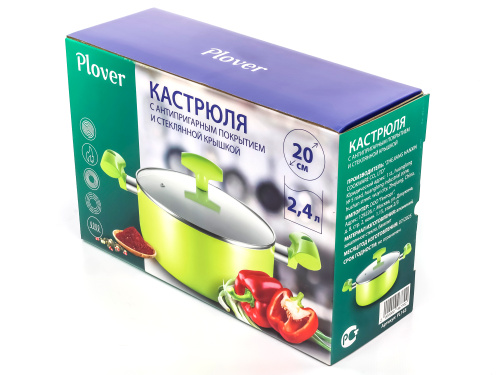 Кастрюля 2.4 л с антипригарным покрытием со стеклянной крышкой 20 см, Lime, PLOVER