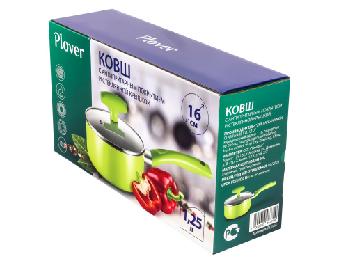 Ковш 1.2 л с антипригарным покрытием со стеклянной крышкой, 16 см, Lime, PLOVER