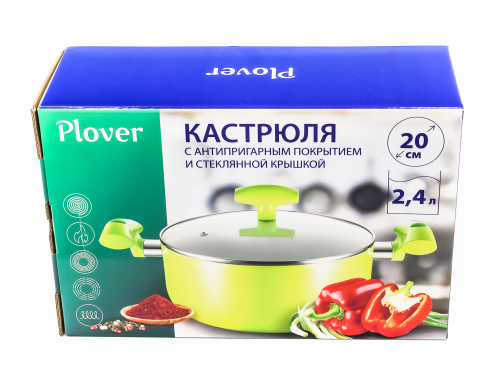 Кастрюля 2.4 л с антипригарным покрытием со стеклянной крышкой 20 см, Lime, PLOVER