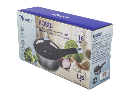 Ковш с антипригарным покрытием со стеклянной крышкой PLOVER, 16 см