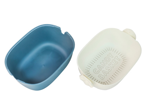Дуршлаг с миской 2 в 1 овальный, пластиковый, 2.5 л, синий/белый