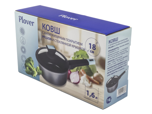 Ковш с антипригарным покрытием со стеклянной крышкой PLOVER, 18 см