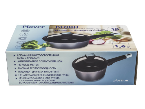 Ковш с антипригарным покрытием со стеклянной крышкой PLOVER, 18 см