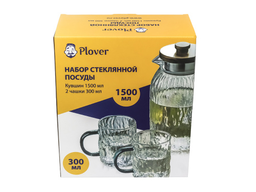 Набор PLOVER стеклянный: кувшин 1.5 л с кружками 2 шт по 0.3 л